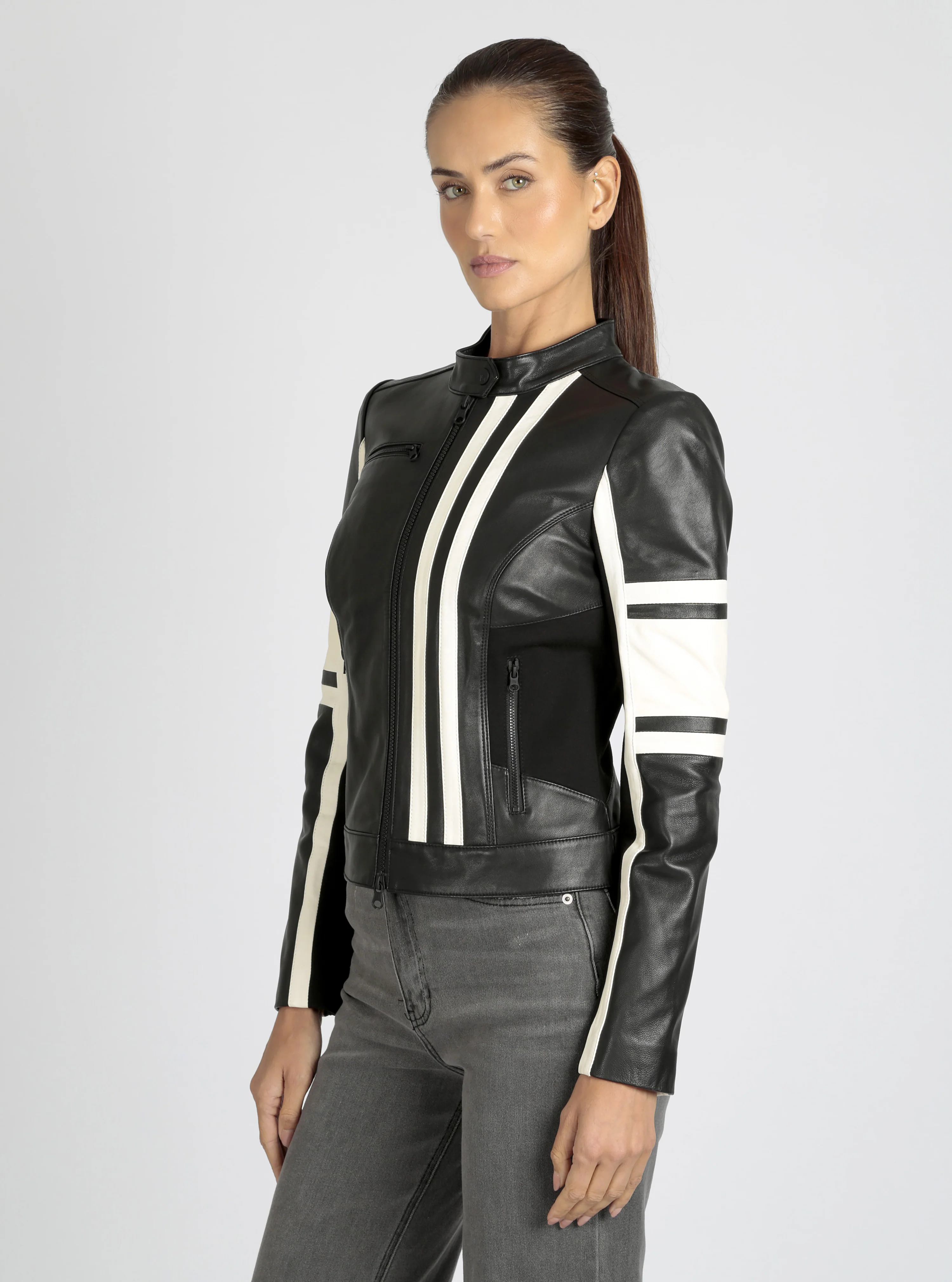 Claudine Genuine Leather Racer Stripe Moto Jacket - Image 11