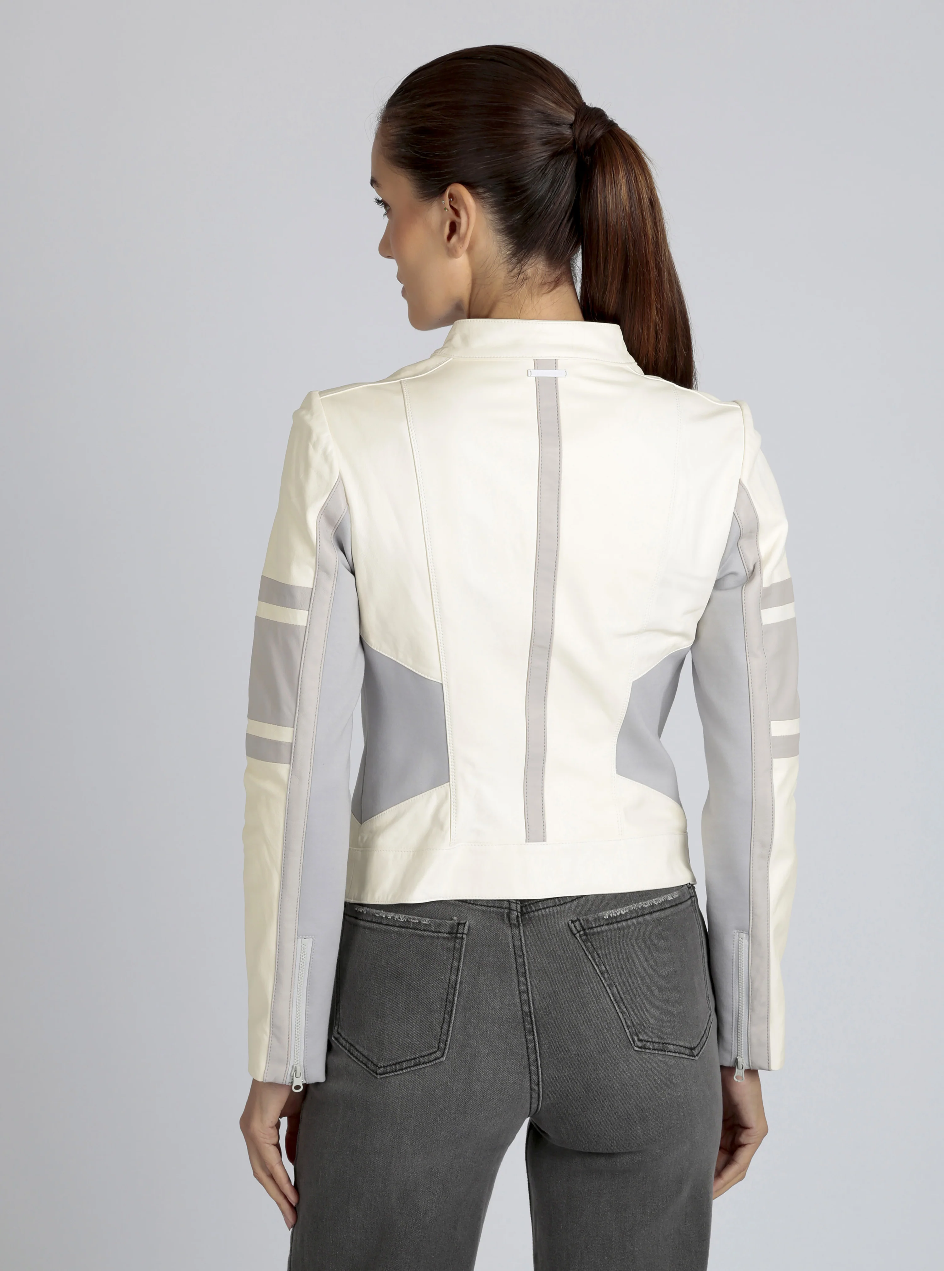 Claudine Genuine Leather Racer Stripe Moto Jacket - Image 16