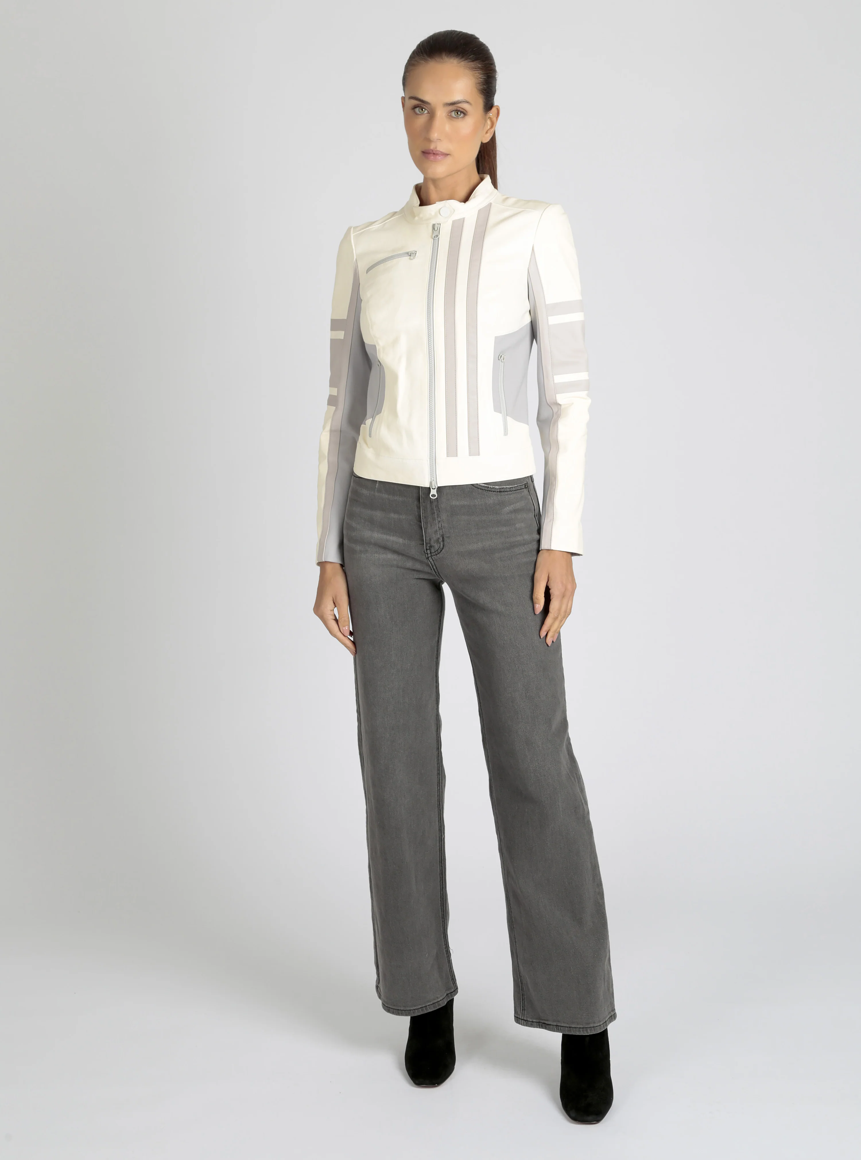 Claudine Genuine Leather Racer Stripe Moto Jacket - Image 19