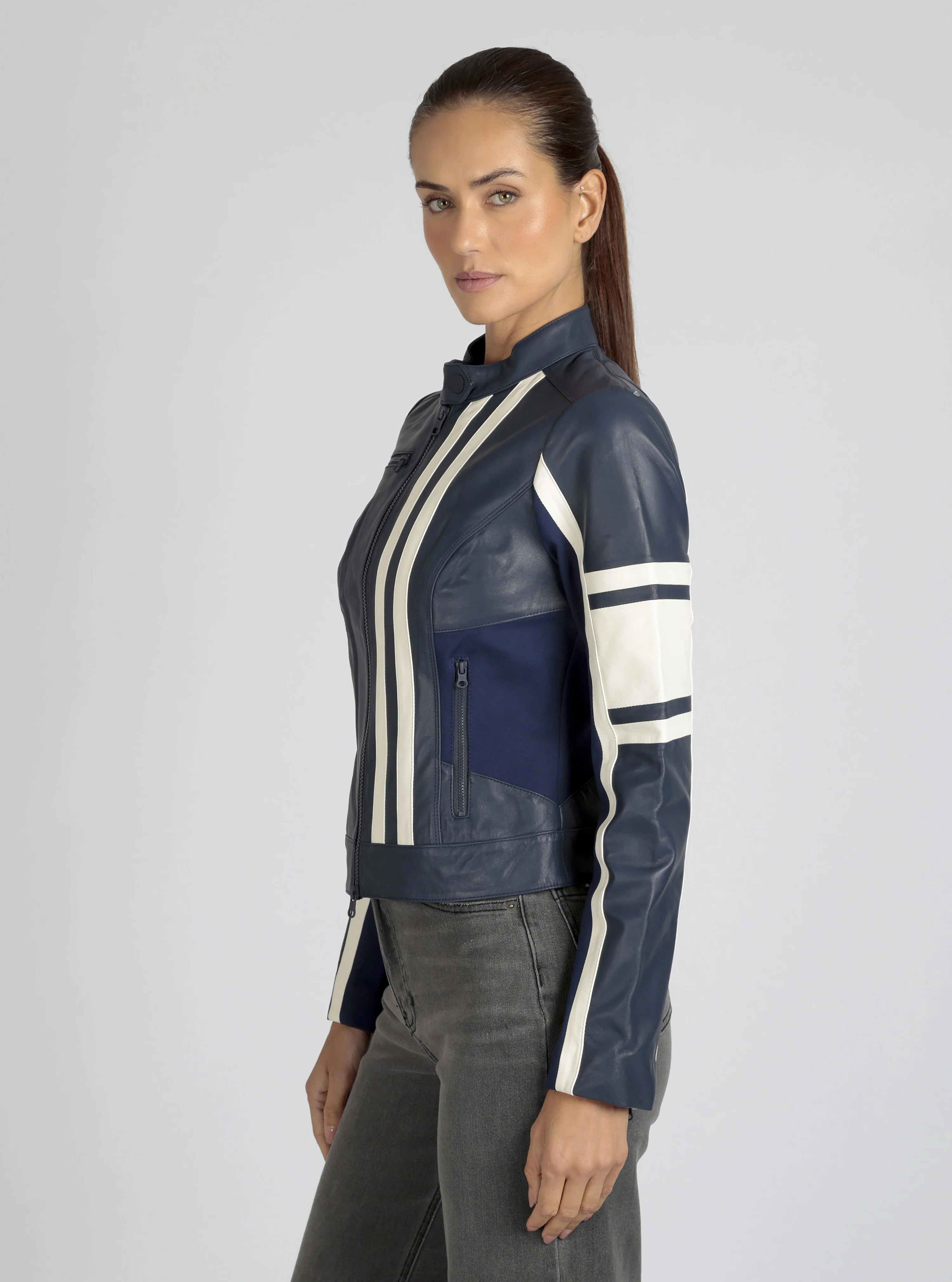 Claudine Genuine Leather Racer Stripe Moto Jacket - Image 20