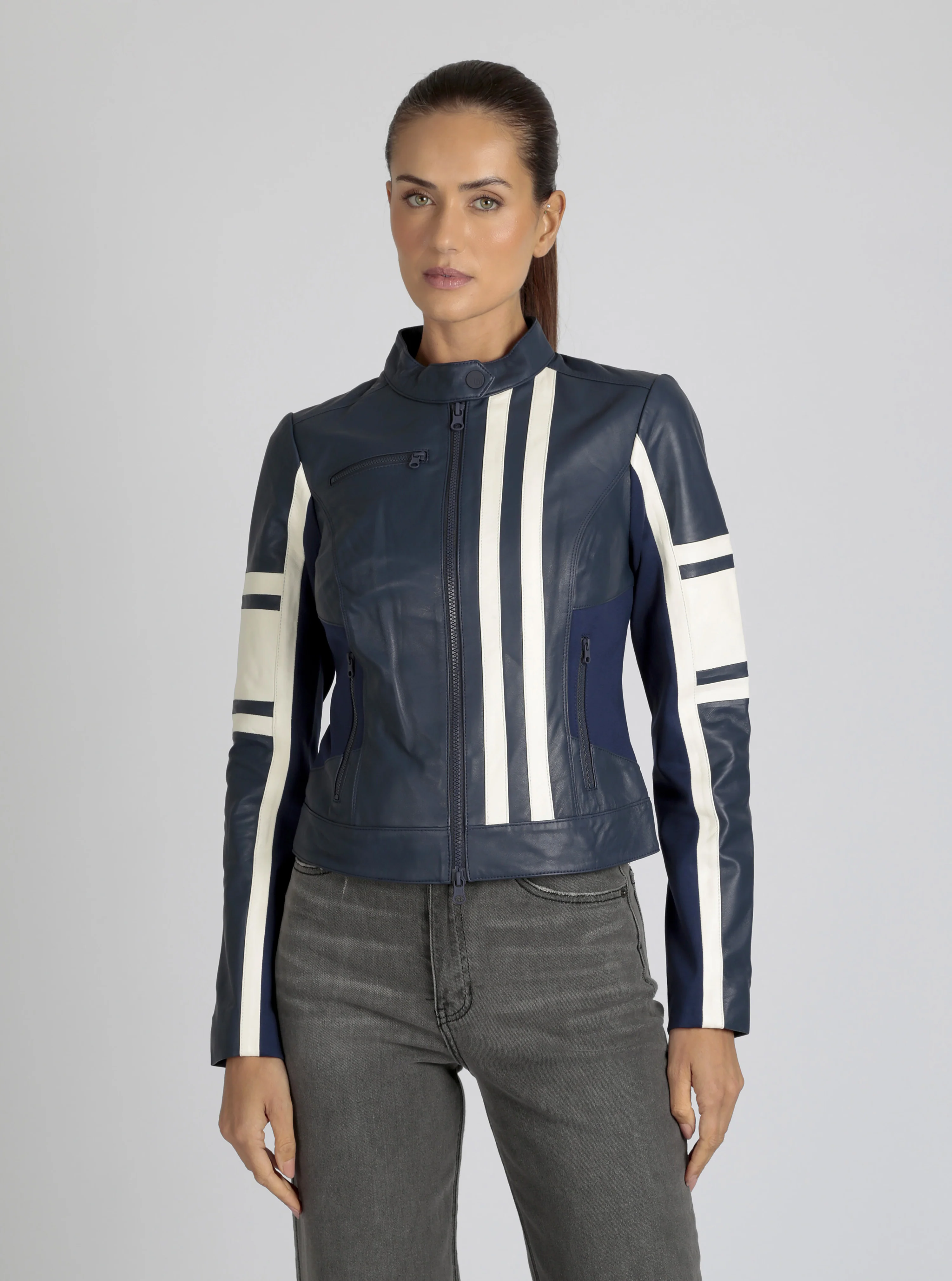 Claudine Genuine Leather Racer Stripe Moto Jacket - Image 21