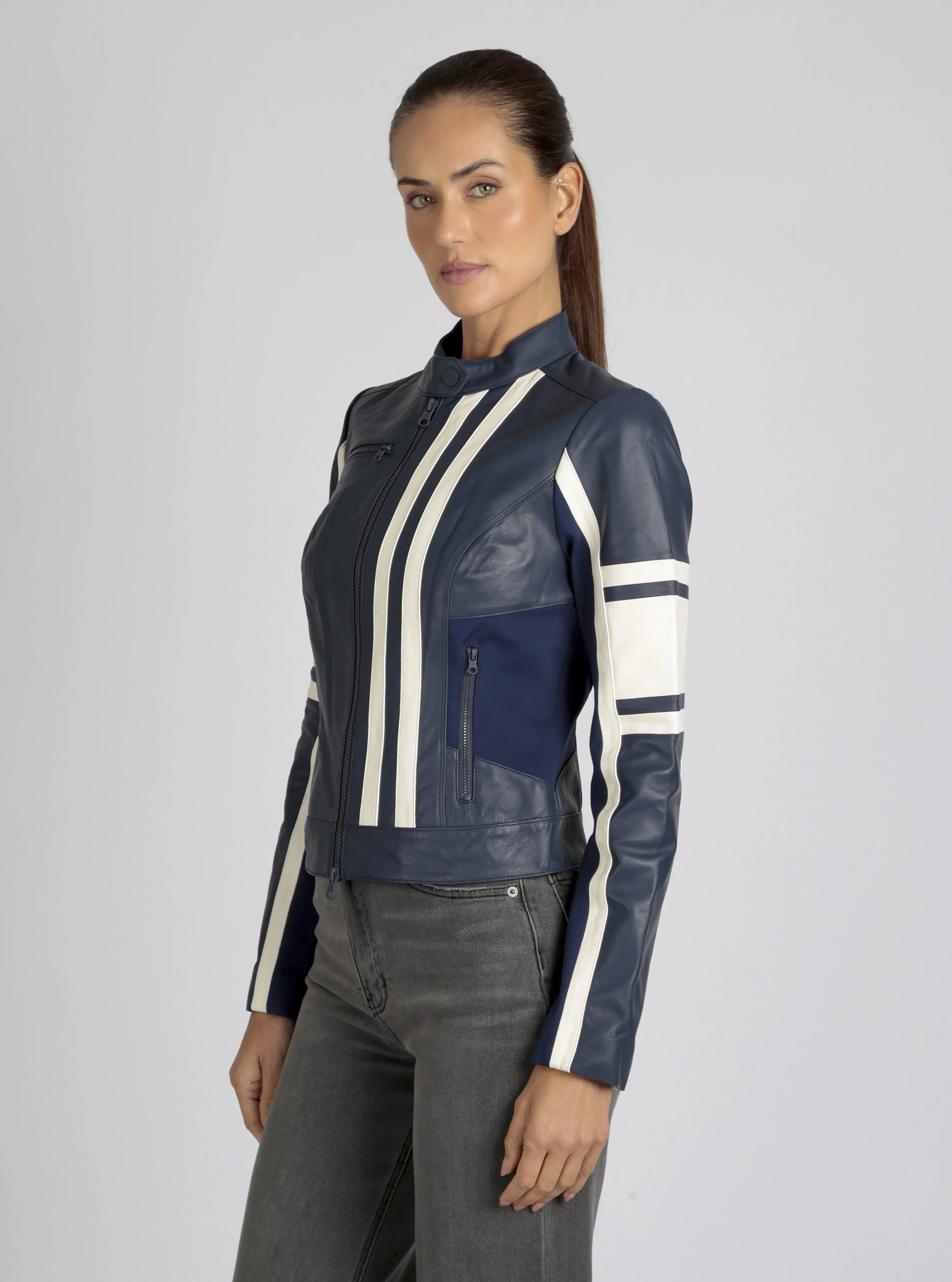Claudine Genuine Leather Racer Stripe Moto Jacket - Image 22
