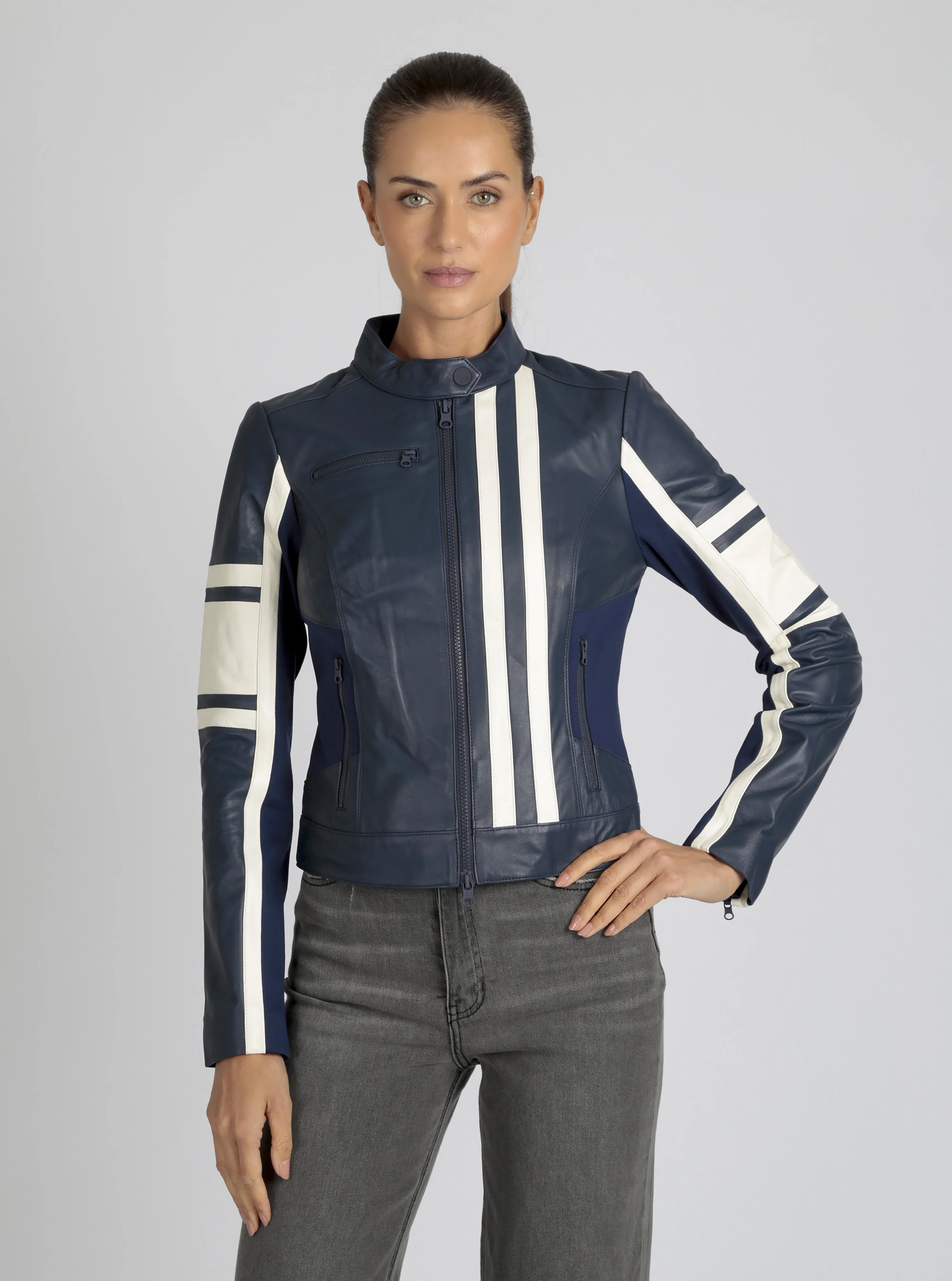 Claudine Genuine Leather Racer Stripe Moto Jacket - Image 4