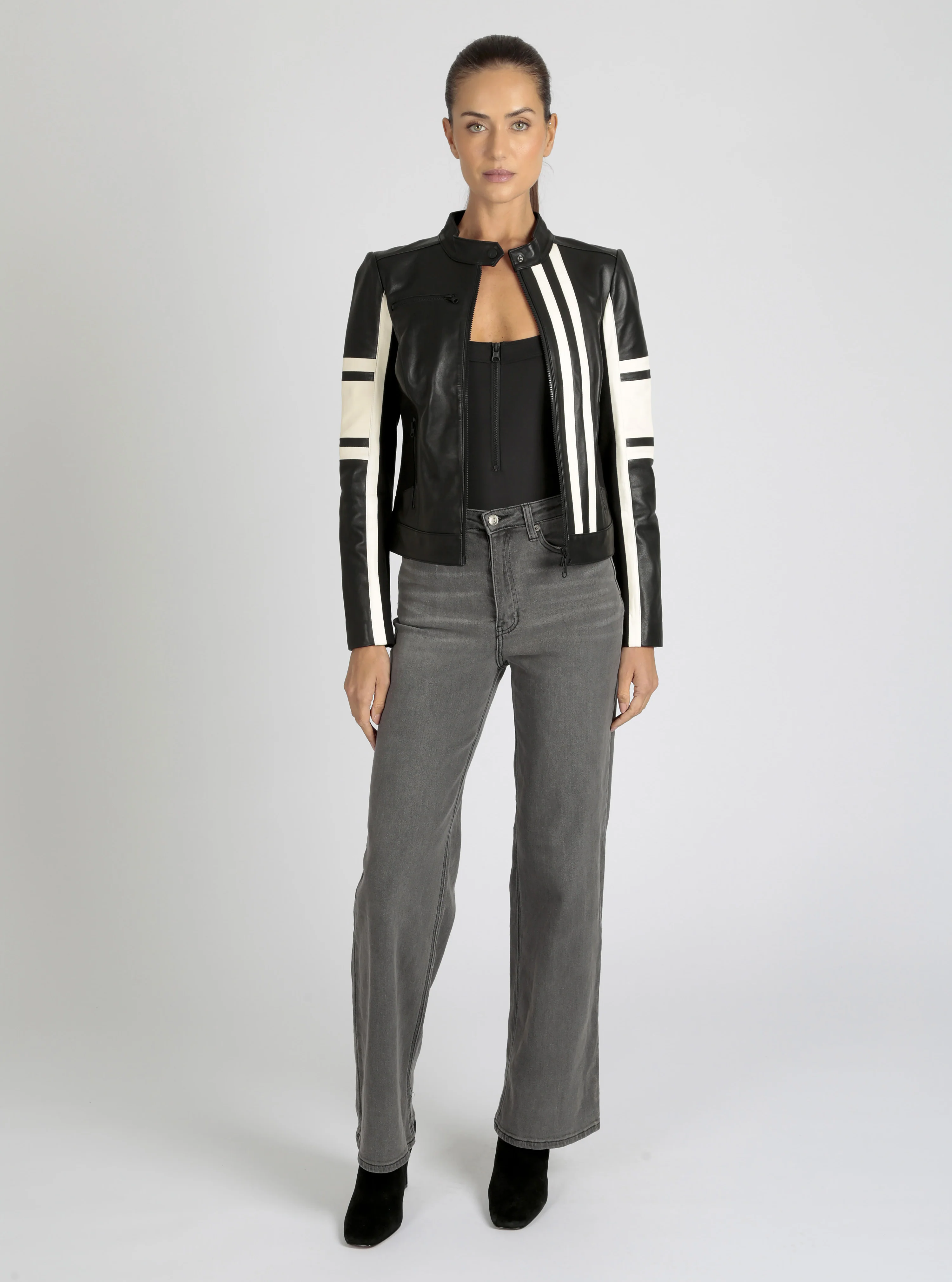 Claudine Genuine Leather Racer Stripe Moto Jacket - Image 6