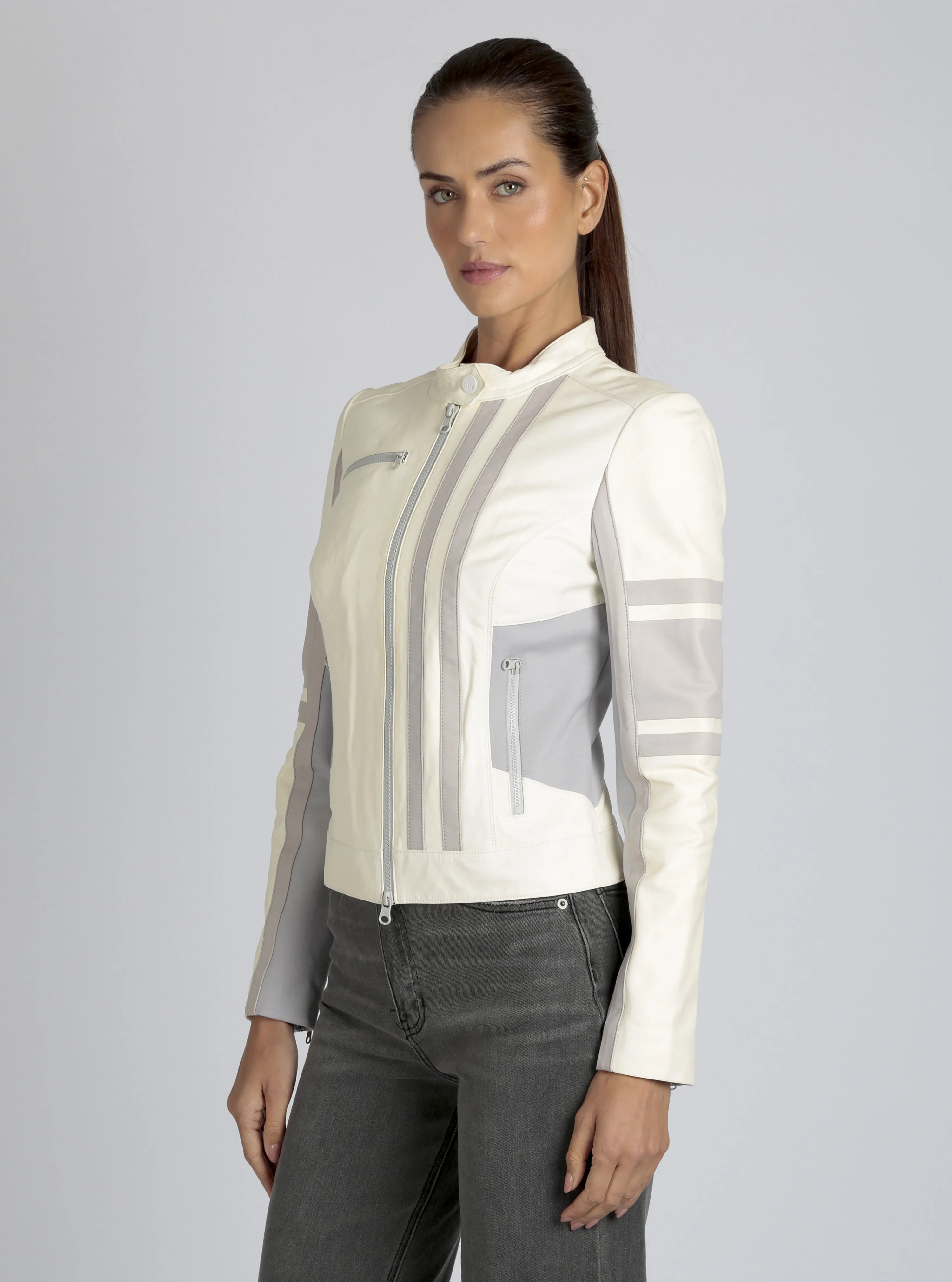 Claudine Genuine Leather Racer Stripe Moto Jacket - Image 7