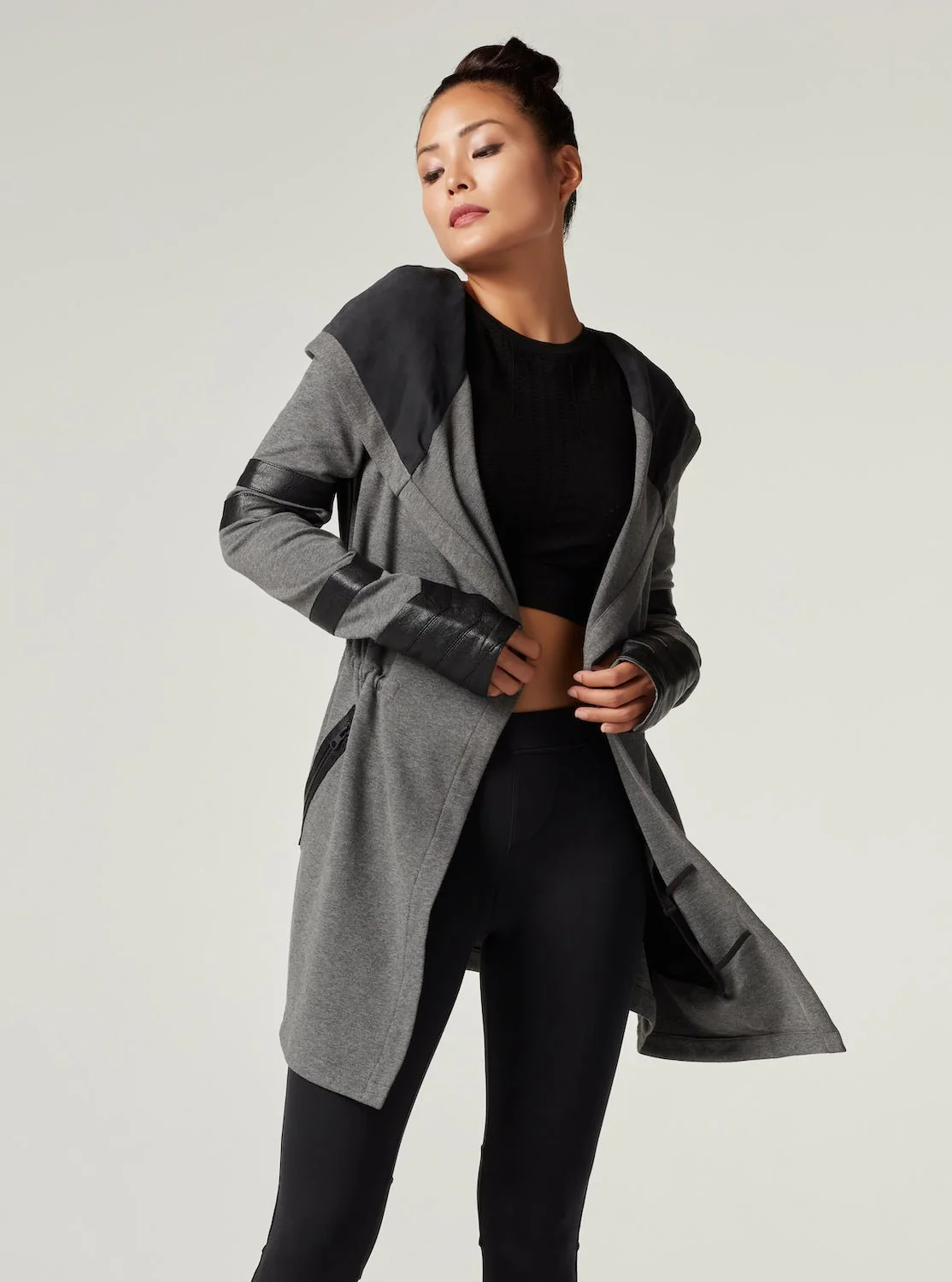 Maitri Stretch Wrap Traveler Jacket with Silk Lined Hood and Vegan Leather Details - Grey - Image 5