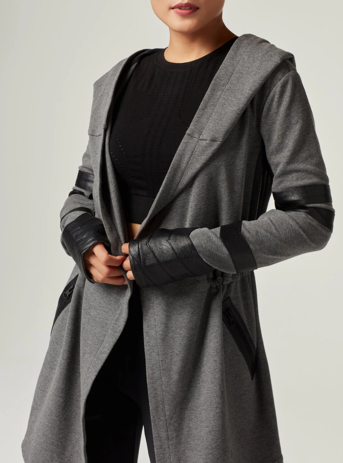 Maitri Stretch Wrap Traveler Jacket with Silk Lined Hood and Vegan Leather Details - Grey - Image 6