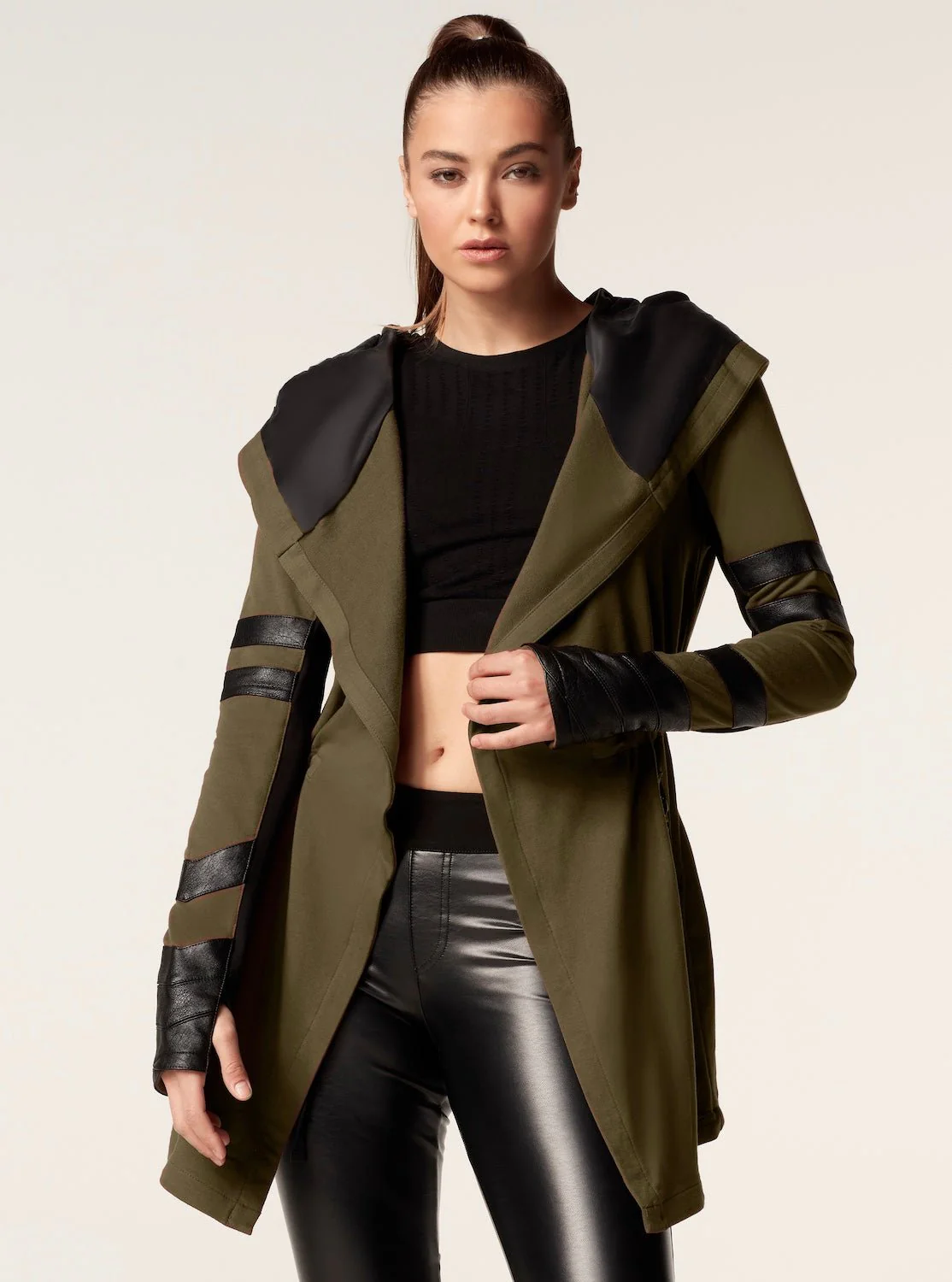 Maitri Stretch Wrap Traveler Jacket with Silk Lined Hood Vegan Leather Details - Olive - Image 5